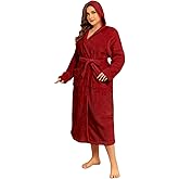 RONGTAI Women's Plus Size Fleece Robe Soft Thermal Bathrobe with Pockets and Belt,Solid Color Hooded Collar Robe(Burgundy,2X)