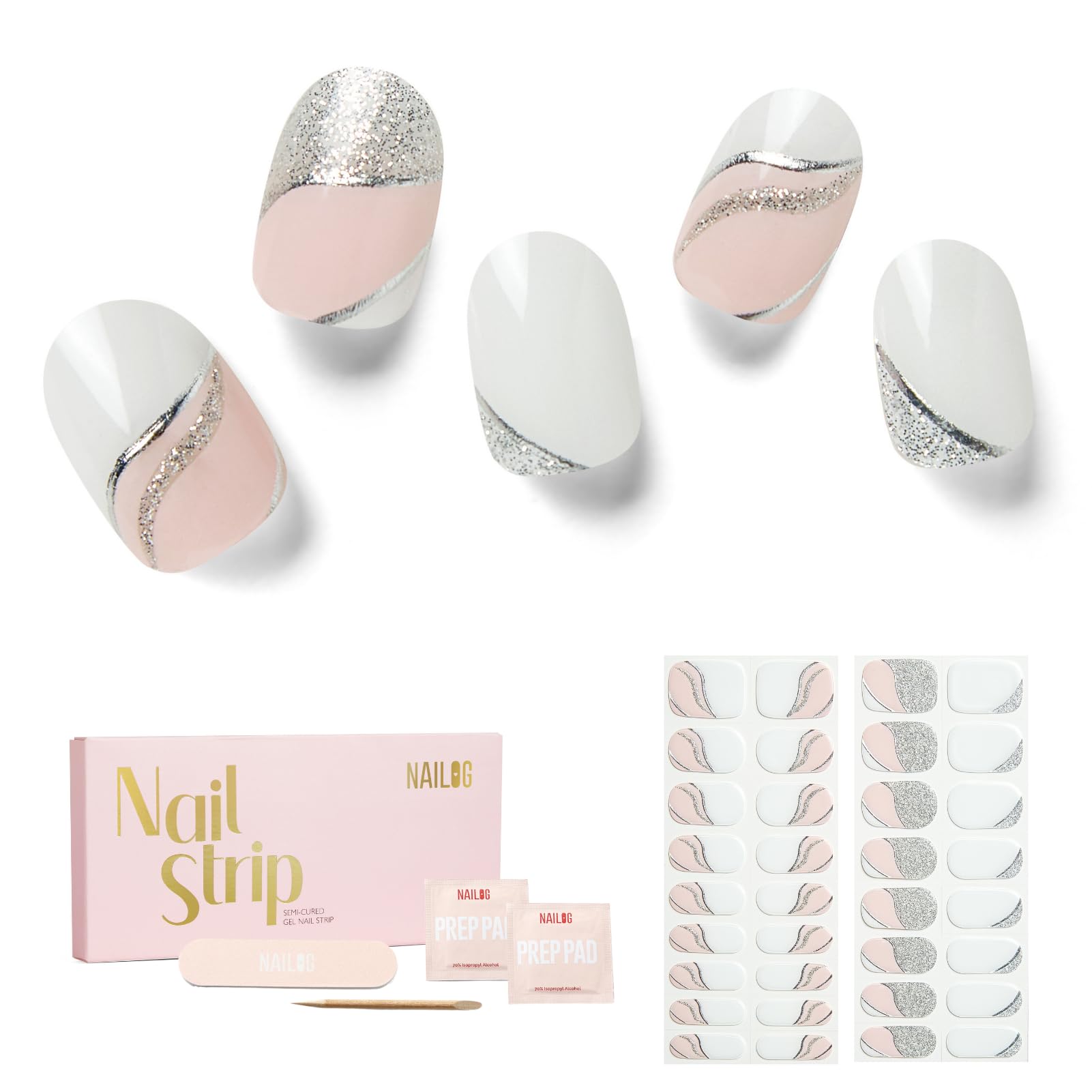 NAILOG Semi Cured Gel Nail Strips, 34 pcs Salon-Quality Gel Nail Stickers, Long Lasting Nail Wraps for Women with Soft Gel Finish, Be with You — image 1