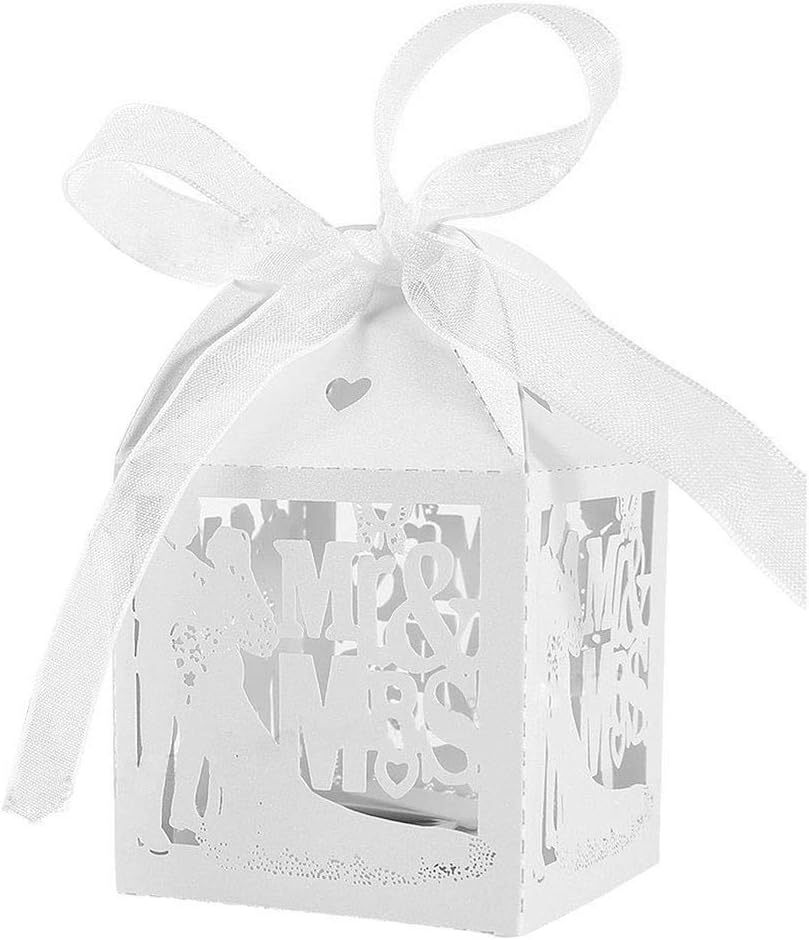 JZK 50x Groom bride Mr & Mrs wedding favours boxes hollowed-out pearly white paper wedding confetti rice sweets candy box small party gift boxes for anniversary engagement hen party prom