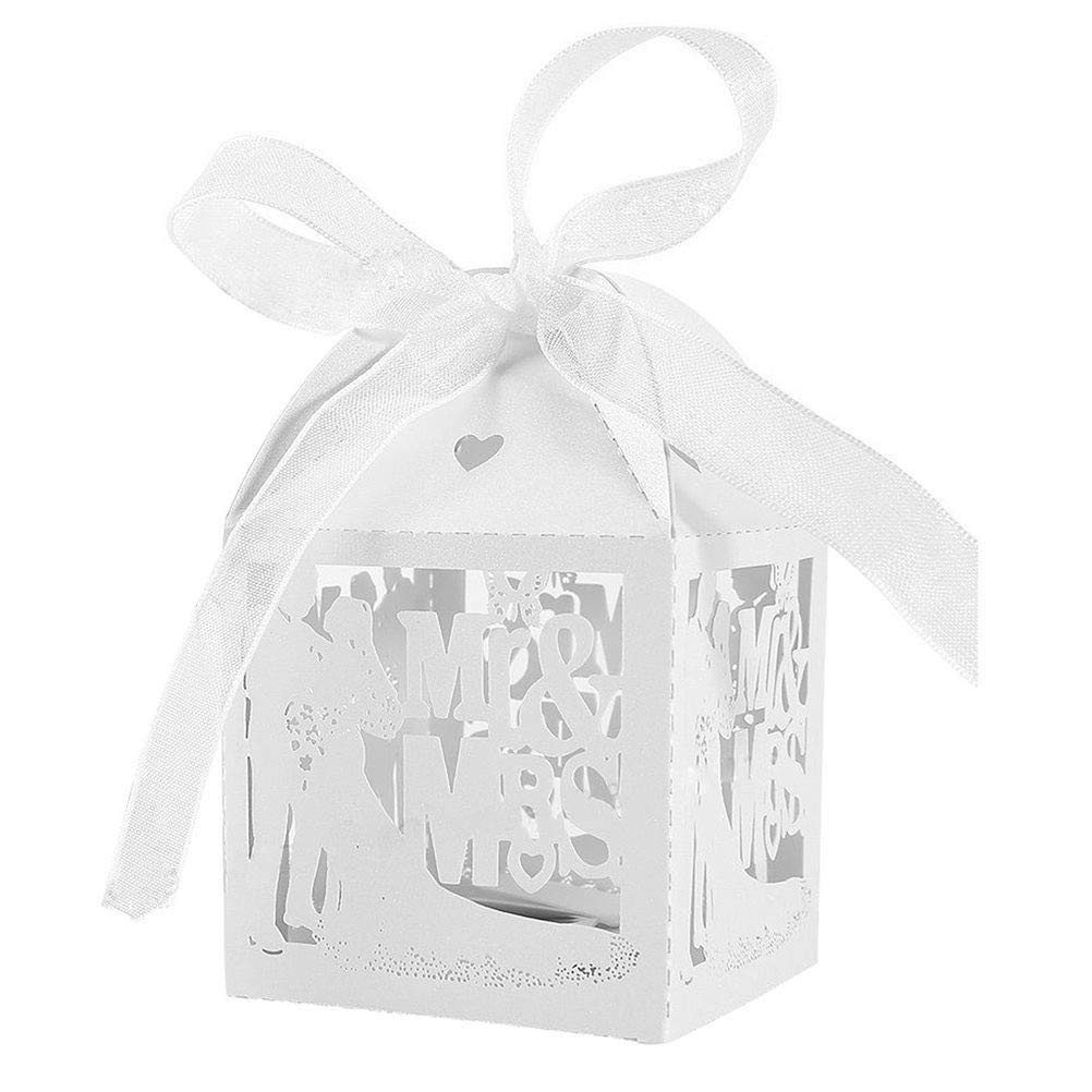 JZK 50x Groom bride Mr & Mrs wedding favours boxes hollowed-out pearly white paper wedding confetti rice sweets candy box small party gift boxes for anniversary engagement hen party prom