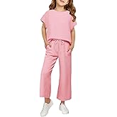 Haloumoning Girls' Clothing Sets Kids Fashion Short Sleeve Crew Neck Tops Wide Leg Pants Sweatsuit with Pocket 5-14Y