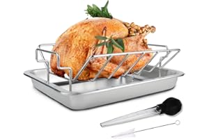 DOLAMOTY Turkey Roaster Roasting Rack with Pan Stainless Steel Roasting Pan for Smoker Smoking/Dual Purpose fit for Large Big Green Egg and Kamado Joe Etc