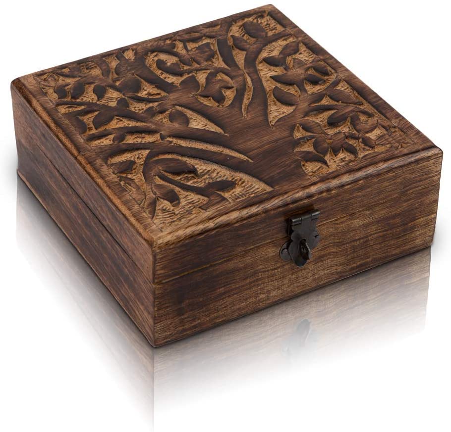 The Great Indian Bazaar Handmade Decorative Wooden Keepsake Jewellery Box With Tree Of Life Carving & Lock & Key Jewellery Organizer Treasure Chest Trinket Holder Watch Storage Lock Box 15 x 15 cms