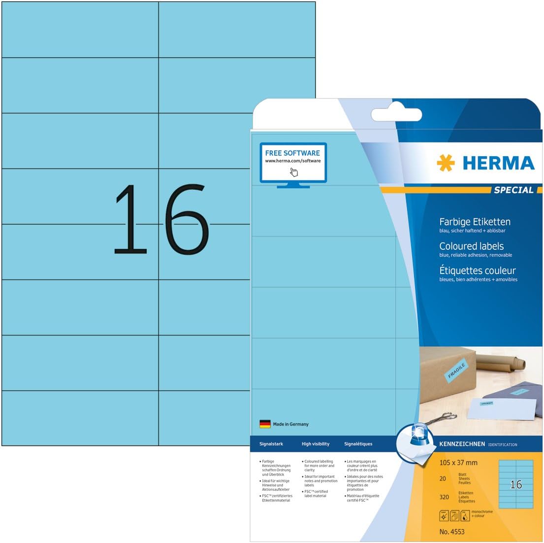 HERMA Self Adhesive Coloured Labels, 320 Labels (20 Sheets x 16), Blank Removable, Blue, 105 x 37 mm