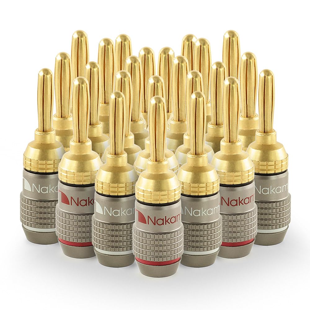 Nakamichi FanLock Excel Series 24k Gold Plated Banana Plug 10 AWG - 18 AWG Gauge Size 4mm for Speakers Amplifier Hi-Fi Stereo Home Theatre Radio Audio Wire Cable Quick Connector 24 Pcs (12-Pairs)