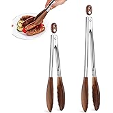 Wooden Tongs for Cooking &amp; Serving Food, Stainless Steel Salad Tongs with Walnut Wood Tip, Anti-Slip Long Handle Wooden Kitchen Tongs Heat Resistant, Smooth Locking &amp; Hanging Cooking Utensils Set of 2