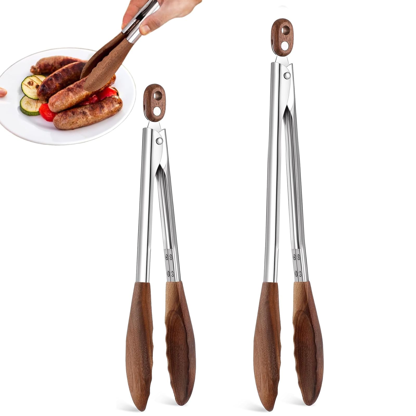 Photo 1 of Wooden Tongs for Cooking & Serving Food, Stainless Steel Salad Tongs with Walnut Wood Tip, Anti-Slip Long Handle Wooden Kitchen Tongs Heat Resistant, Smooth Locking & Hanging Cooking Utensils Set of 2