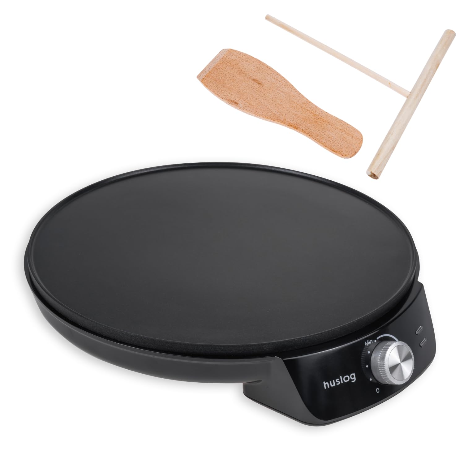 Huslog Crêpes Maker für Crepes 29 cm Crepesmaker 1200W Crepes-Eisen für süße Crepes mit Verteiler und Wender Pfannkuchenmaker herzhafte Galettes Antihaft-Platte Schwarz