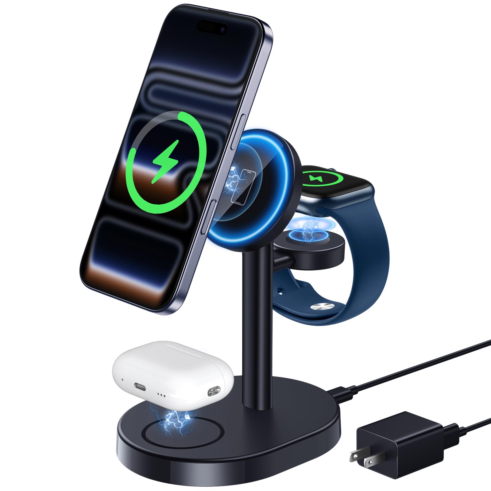 Hevanto 2026 MagSafe充電器 3in1 ワイヤレス充電器 Qi認証 極小 15W急速充電スタンド iPhone 17/17e/16/15/14/13/12 Apple Watch AirPods対応 マグセーフ充電器 3台同時充電 まぐせいふ強力磁気 超低温 超軽量 置くだけ