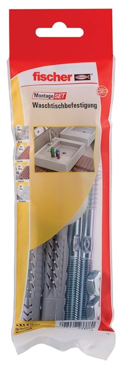 fischer MontageSet Waschtischbesfestigung B, mit 2 x Universaldübel UX 14 x 75, 2 x Stockschraube 10 x 140 gvz, 2 x Bundhülse