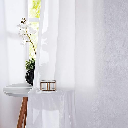 Fmfunctex White Semi-Sheer Curtains for Living-Room 96" Long Silky Soft Sheer Window Panels for Bedroom Drapes 2pc Rod Pocket