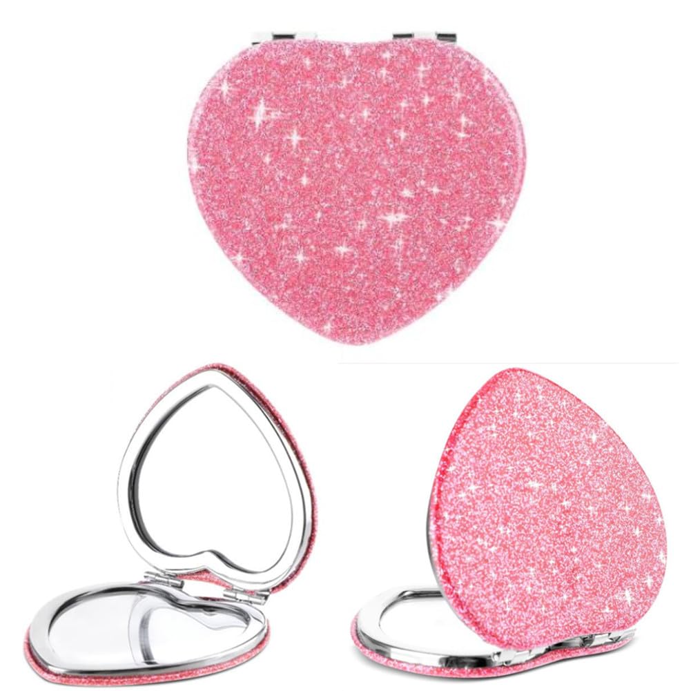 Photo 1 of mpowtech Cute Heart Shaped Compact Mirror for Women,Magnifying Travel Mirror with Glitter,Pink Small Pocket Mirror,Portable 2 x 1x Magnification Folding Makeup Mirror,Cosmetic Mirror for Gift Pack of 2