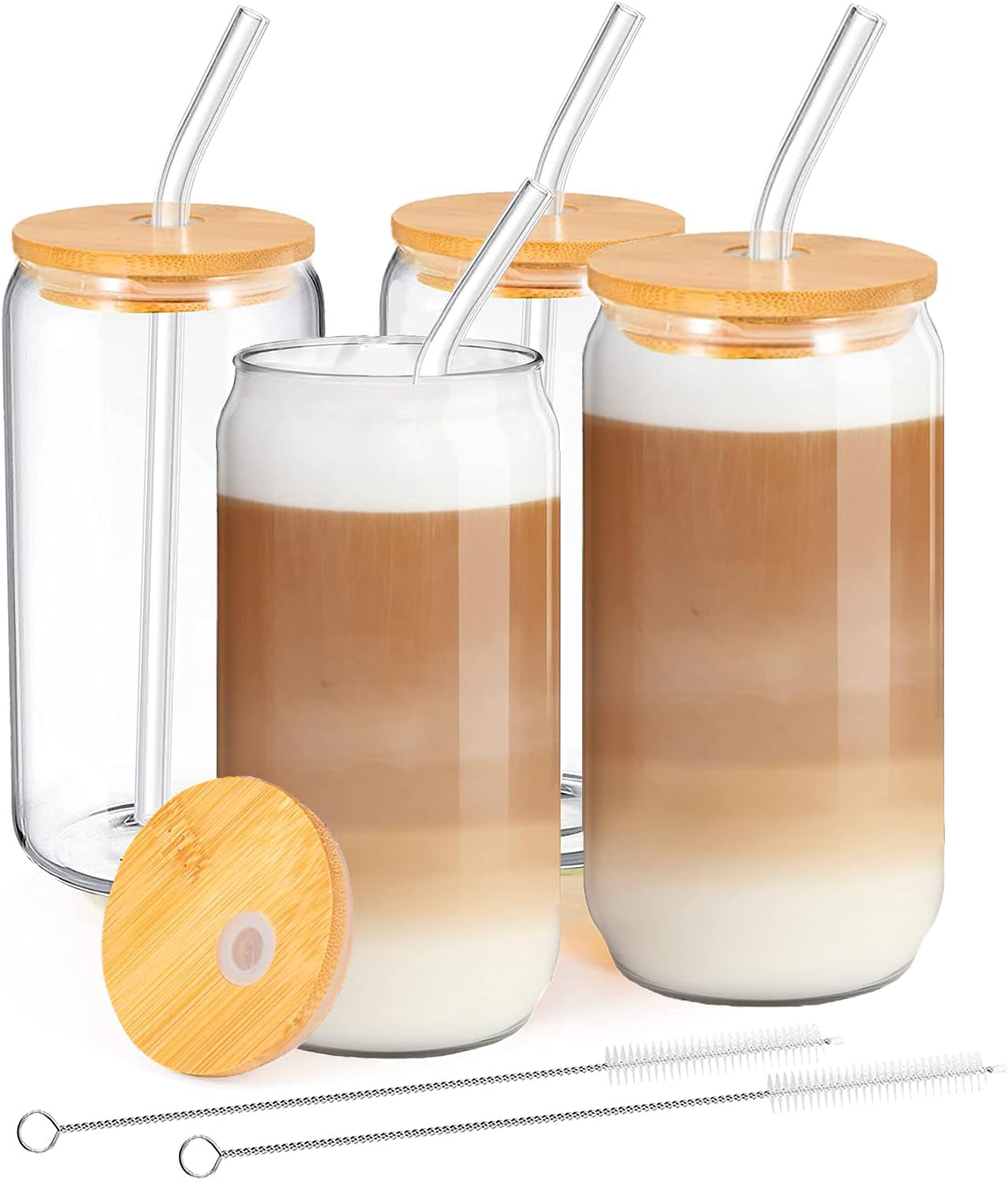 MEIMUCUL Glass Cups with Lids and Straw,4 Pack Can Shaped Drinking Glasses,16oz Iced Coffee Cup,Clear Glass Tumbler for Smoothie,Beer, Cocktail, Milk, Ice Water, Juice