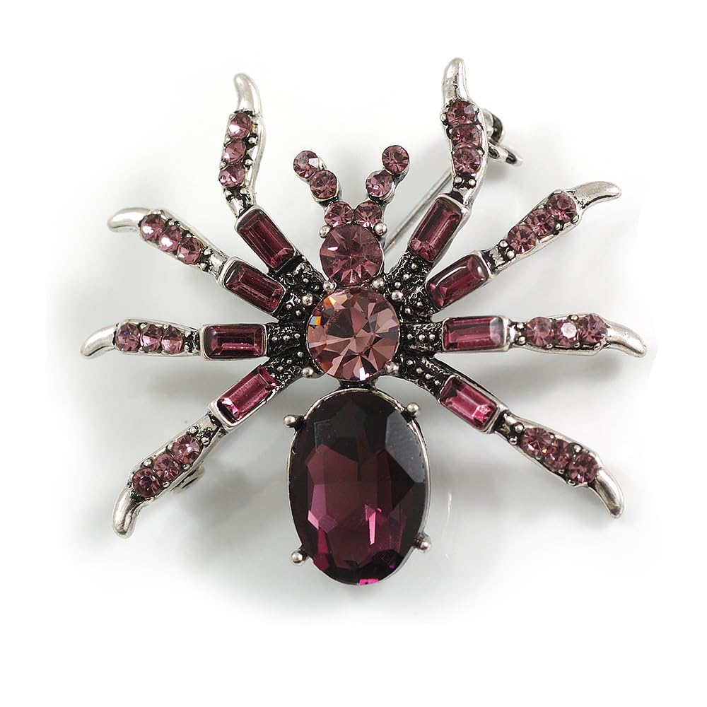 Vintage Inspired Purple/Violet Crystal Spider Brooch In Antique Silver Tone - 40mm Across