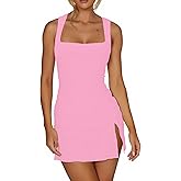 VASAUG Women's Sexy Square Neck Ruched Bodycon Mini Dress Ruffle Hem Slit Party Club Short Dresses