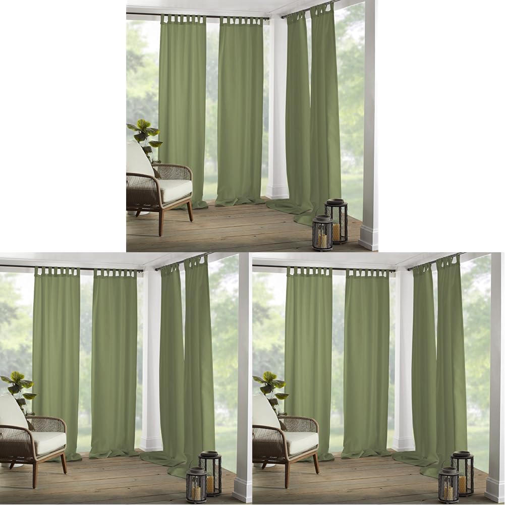 Elrene Home Fashions Matine Weatherproof Tab-Top Indoor/Outdoor Solid Color Curtain Panel for Porch, Pergola, Patio, Deck, 52”W x 95”L, Green (Pack of 3) Image