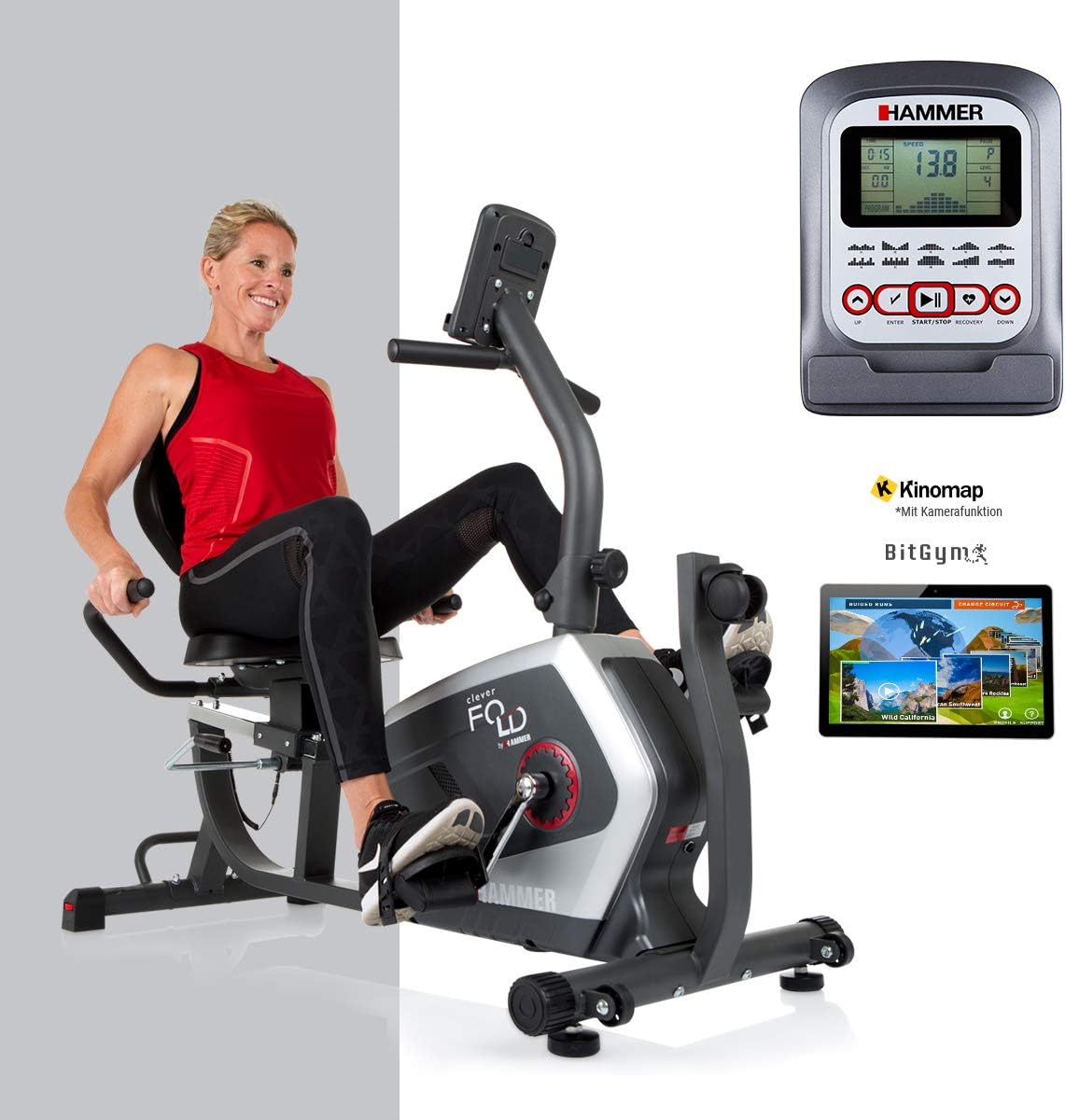 HAMMER CleverFold RC5 Liegeergometer, platzsparendes Fitnessfahrrad zum Klappen, Ergo-Bequemsitz mit Rückengesundlehne, Handpulssensoren, 19 Trainingsprogramme, 133 x 62 x 95 cm