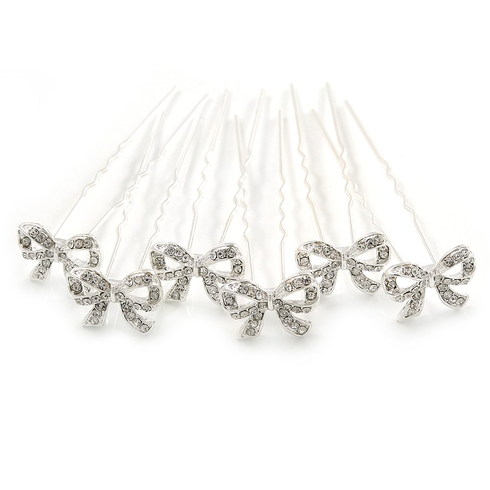 Bridal/Wedding/Prom/Party Set Of 6 Rhodium Plated Crystal 'Bow' Hair Pins