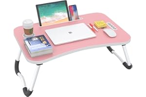 BUYIFY Folding Lap Desk, 23.6 Inch Portable Wood Pink Laptop Bed Desk Lap Desk with Cup Holder, for Working Reading Writing, Eating, Watching Movies for Bed Sofa Couch Floor