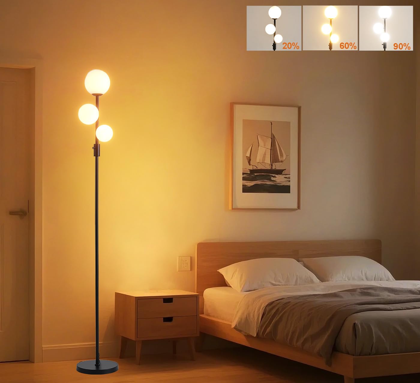 Photo 1 of Fiqevs Upgraded Dimmable 3 Globe Mid Century Modern Floor Lamp, 3 x 3000K Warm Light LED Bulbs Included, Matt Black Standing Lamp with Sphere Glass Shade, Vintage Tall Lamp for Living Room, Bedroom