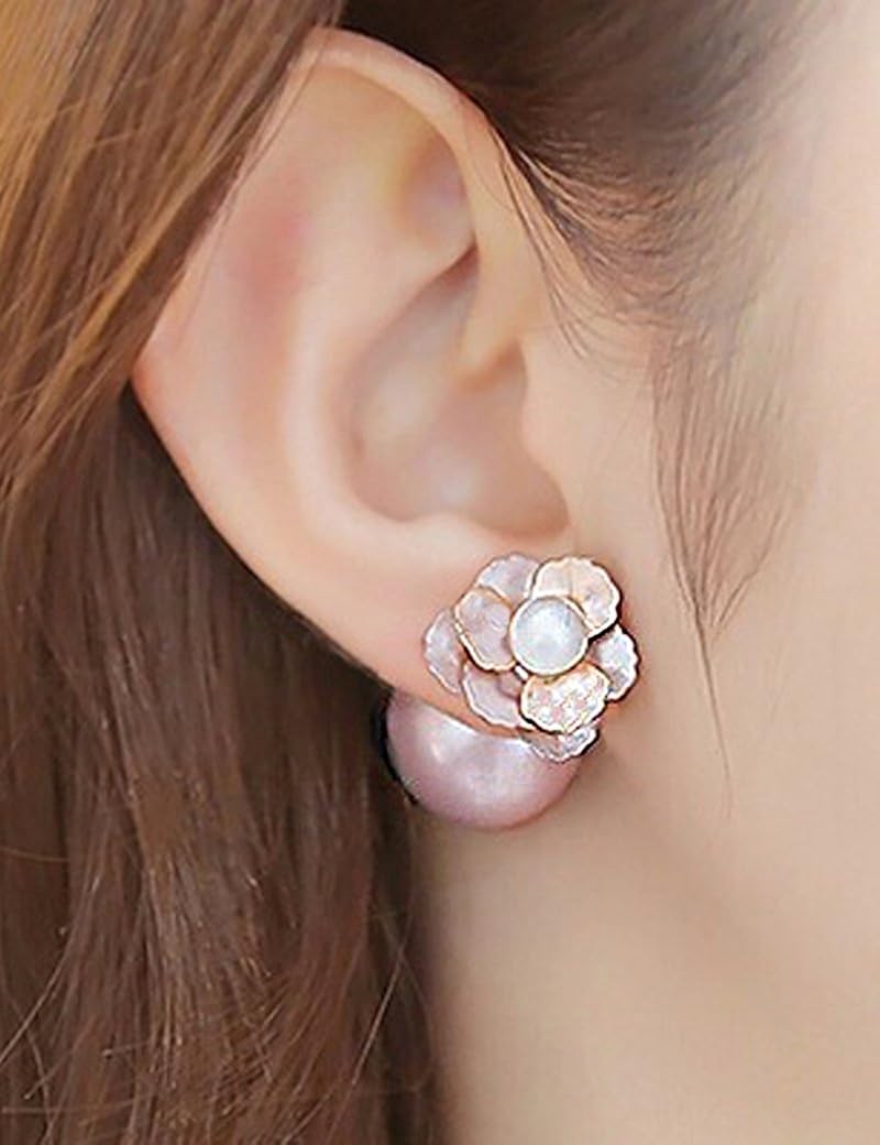 1 Pair Lujuny Alloy Shell Pearl Flower Double Side to Wear Earrings Studs with Gift Box for Women Girls