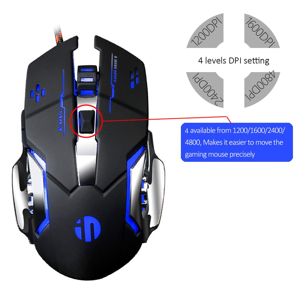 Gaming Mouse Mute Silent Click,Inphic USB Wired Optical Gaming Mice with LED Optical, 4 DPI Adjustment Levels, 6 Buttons for Laptop, PC, Mac (Metallic Black)