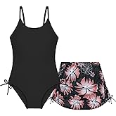 Weixinbuy Girl's One Piece Swimsuits with Mesh Skirt Bathing Suits Swimwear with Cover Up for Girls 9-16 Years
