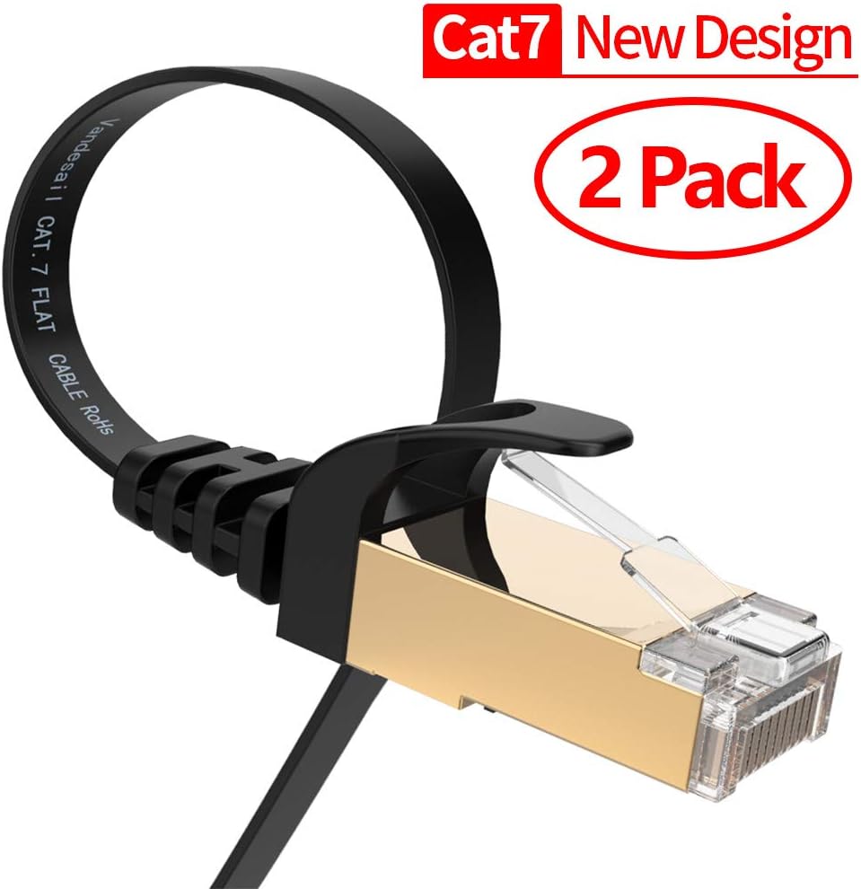 CAT7 Shielded RJ45 Ethernet Patch Network Cable Professional Gold Plated Plug STP Wires Cat 7 Networking Cable Premium/ Patch/ Modem/ Router/ LAN (2*(6.5 ft-2 meters-Black Flat Shielded))