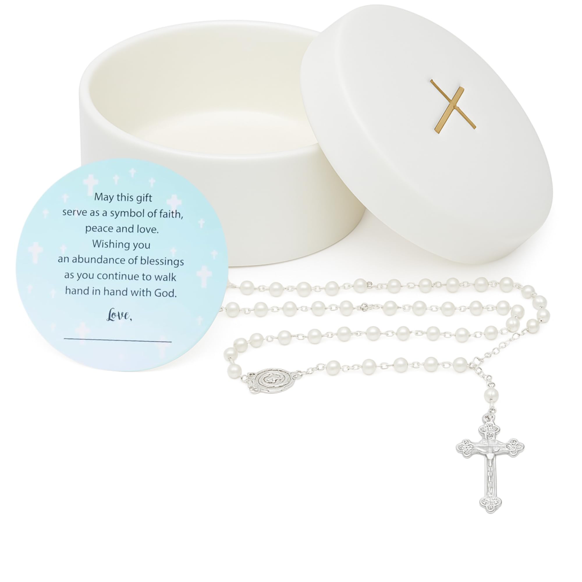 Sweet Treasures Gift – Baptism Gifts for Boys and Girls, First Rosary with Ceramic Keepsake Box and Card, Catholic First Communion Gift, Christening and Baby Shower Rosary Beads, White