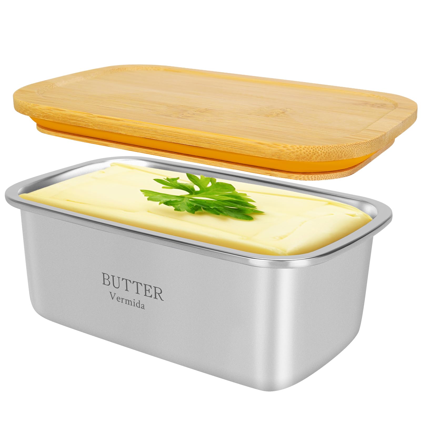 Photo 1 of ** NO LID**
Vermida Butter Dish with Lid, Large Stainless Steel Butter Dish Container for Countertop, Sturdy Butter Keeper with Bamboo Lid Holds 2 Sticks of West or East Coast Butter for Refrigerator