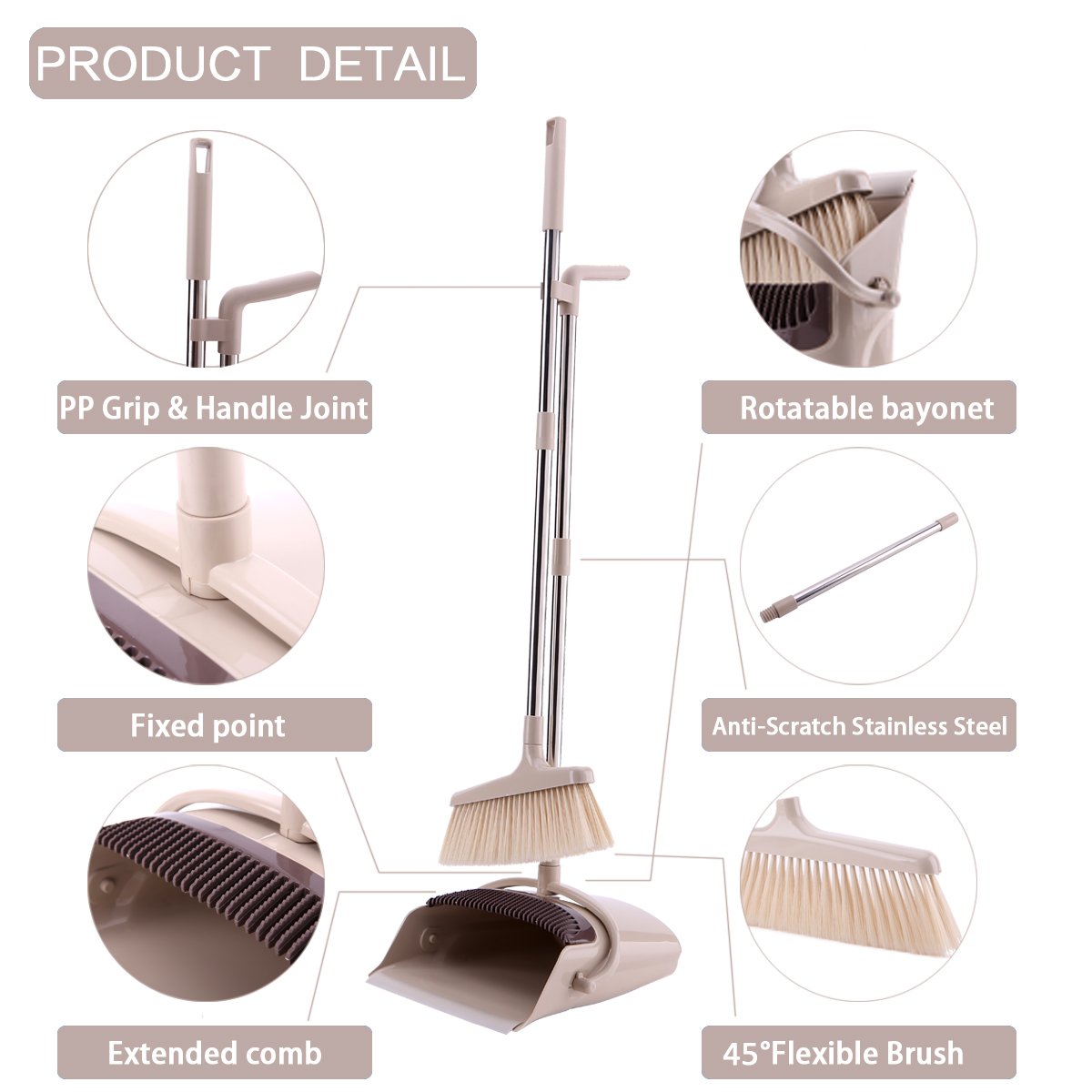 Dust Pan and Broom Set with Long Handle Combo Standing Upright Sweep Use for Pet Dog Hair Home Kitchen Office Lobby Floor