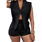 Quzzion Womens Summer Jean Romper Vintage Sleeveless Tops Lapel Button Sexy Denim Short One Piece Jumpsuit