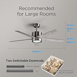 VAGIZM 52 Inch Ceiling Fan Brushed Nickel Remote