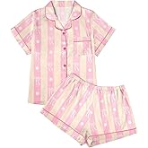 LUKYCILD Women Satin Pajama Set Bow Graphic Pajamas Short Sleeve Button Down Sleepwear 2 Piece Pjs Lounge Short Sets