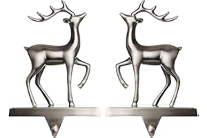 Klikel Stocking Holder Set of 2 - Christmas Reindeer Stocking Hanger for Mantel - Shiny Silver Metal Deer Christmas Stocking Holder for Fireplace Mantle - Heavy Stocking Holder for Mantle with Hook