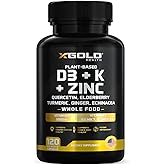 Vitamin D, K2, K1, Zinc, Quercetin, Elderberry, Turmeric, Ginger & Echinacea Whole Food Supplement 8 in 1- D3 5000 IU Plant-Based from Lichen, Vitamin K (K2 MK7, MK4, K1), D3 K2 Vitamins -120 Capsules