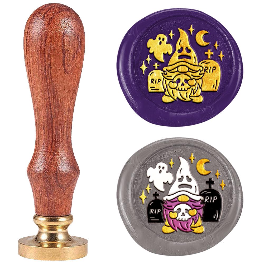DELORIGIN Halloween Gnome Wax Seal Stamp Vintage Sealing Stamps 1" Removable Brass Head Seal Stamp with Wooden Handle for Envelope Greeting Card Letters Halloween Invitations Bottle Gift Wrapping