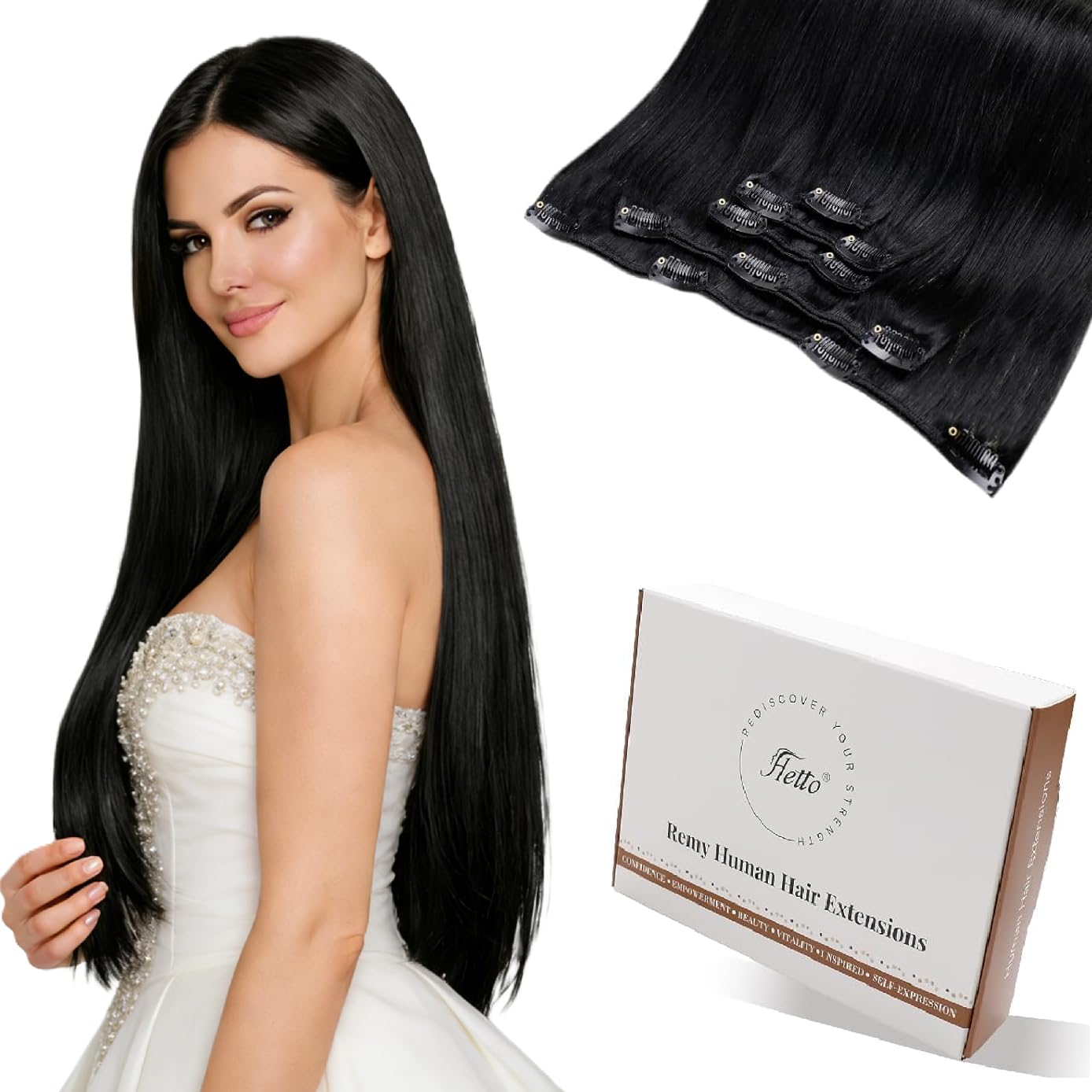 Hetto Clip in Hair Extensions Real Human Hair Black 20 Inch - Long Straight Hair Clip in Extensions, Invisible Seamless Clip Ins Lightweight Hold All Day Long 5pcs 80g #1 — image 1