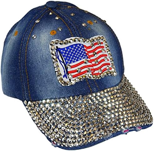 American Flag Sparkling Bedazzled Studded Patriotic Baseball Cap Hat, Denim, Light Blue