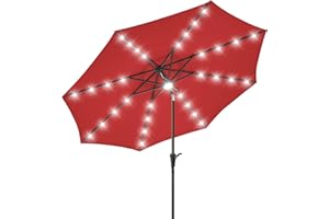 PEAKVONDER 7.5/9 ft Patio Umbrella with Solar Lights, parasol de patio with 32 LED + 1 Center Light, 8 Heavy Duty Ribs–Patio 