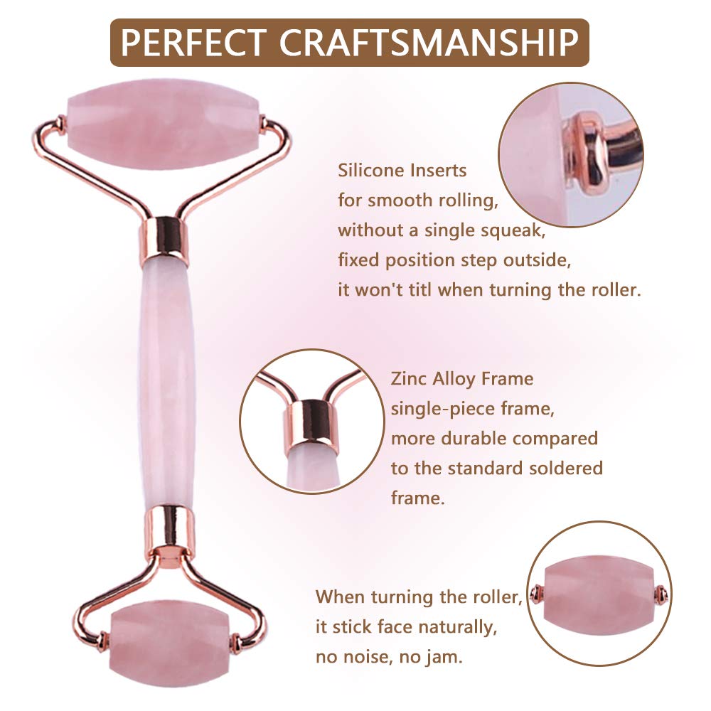 Jade Roller, Rose Quartz Roller and Gua Sha Tool, 100% Natural Jade Facial Roller Anti Aging Face Roller Massager