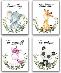 Lovely Animals Inspirational Words Woodland Crown Art Print Set of 4 (8”X10”), Motivational Quote Phrases Wall Art Poster for Nursery or Baby Kids Boys & Girls Room Home Decor, No Frame (Forest)