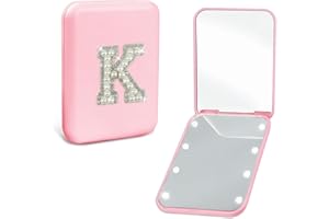 Aganmi Bridesmaid Gifts for Wedding Day Pearl Initial Travel Makeup Pocket Mirror with Lights Pink 1X/2X Magnification LED Cute Compact Mirror Bridal Shower Gifts Bridesmaid Proposal Gifts (K)