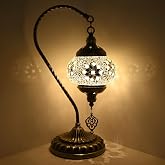 Caelumslvd Portable Rechargeable Turkish Swan Neck Bronze Base Table Lamp | 3600mAh Dimmable Handmade Moroccan Tiffany Colorful Mosaic Glass Night Stand Light Fixture for Living Room Bedroom Decor