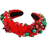 GAFATORY 1PCS Christmas Headbands for Women, Red Knotted Hair Bands with Pearl, Holiday Rhinestone Headband for Girls, Women's Fashion Christmas Party Accessories