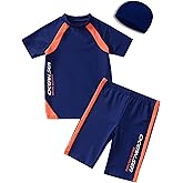 Boys Swimsuits UPF50+UV Swimwear Set Two Piece Rash Guard with Hat for Kids 4-14 Years