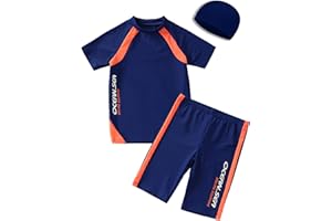 KID1234 Boys Swimsuits UPF50+UV Swimwear Set Two Piece Rash Guard with Hat for Kids 4-14 Years