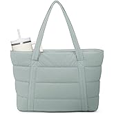 Narwey Puffer Tote Bag for Women with Cup Holder & Laptop Compartments, Quilted Puffy Travel Work Tote Bags for Nurse Teacher