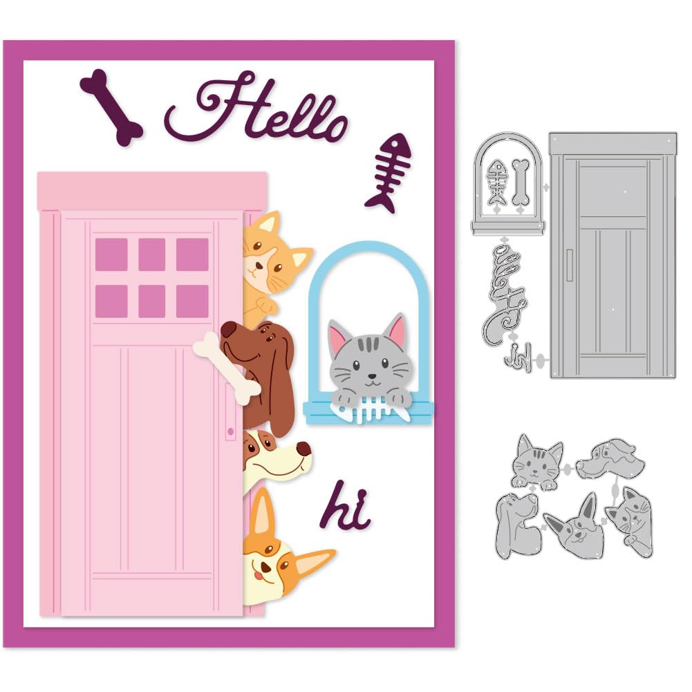 DELORIGIN 7 Styles Door Cat Dog Cutting Dies Carbon Steel Die Cuts Stencils Card Scrapbooking Embossing Template Dies for DIY Paper Craft Making Album Gift Decor