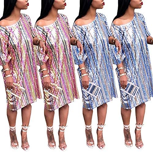 ONIEZZFOIR Sparkle Sequin Glitter Striped Rainbow Loose Dress for Women's Clubwear